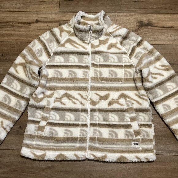Women's The North Face Jacket SZ Large Printed Ridge Fleece Tan Full Zip Logo - Picture 2 of 11